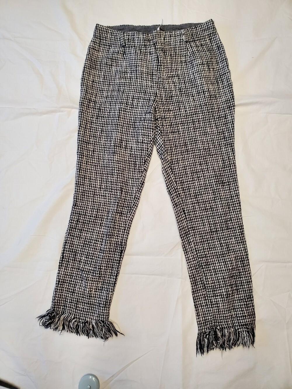 Free People Houndstooth Fringe Hem Ankle Pants Black White Cotton Tweed Size 2